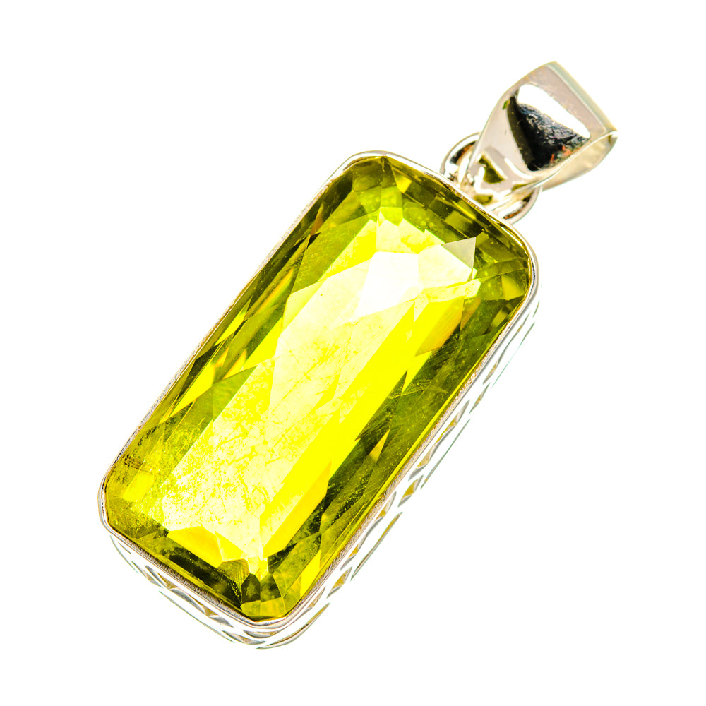 Sterling silver pendant with greenish-yellow quartz gemstone, rectangular cushion cut and bail