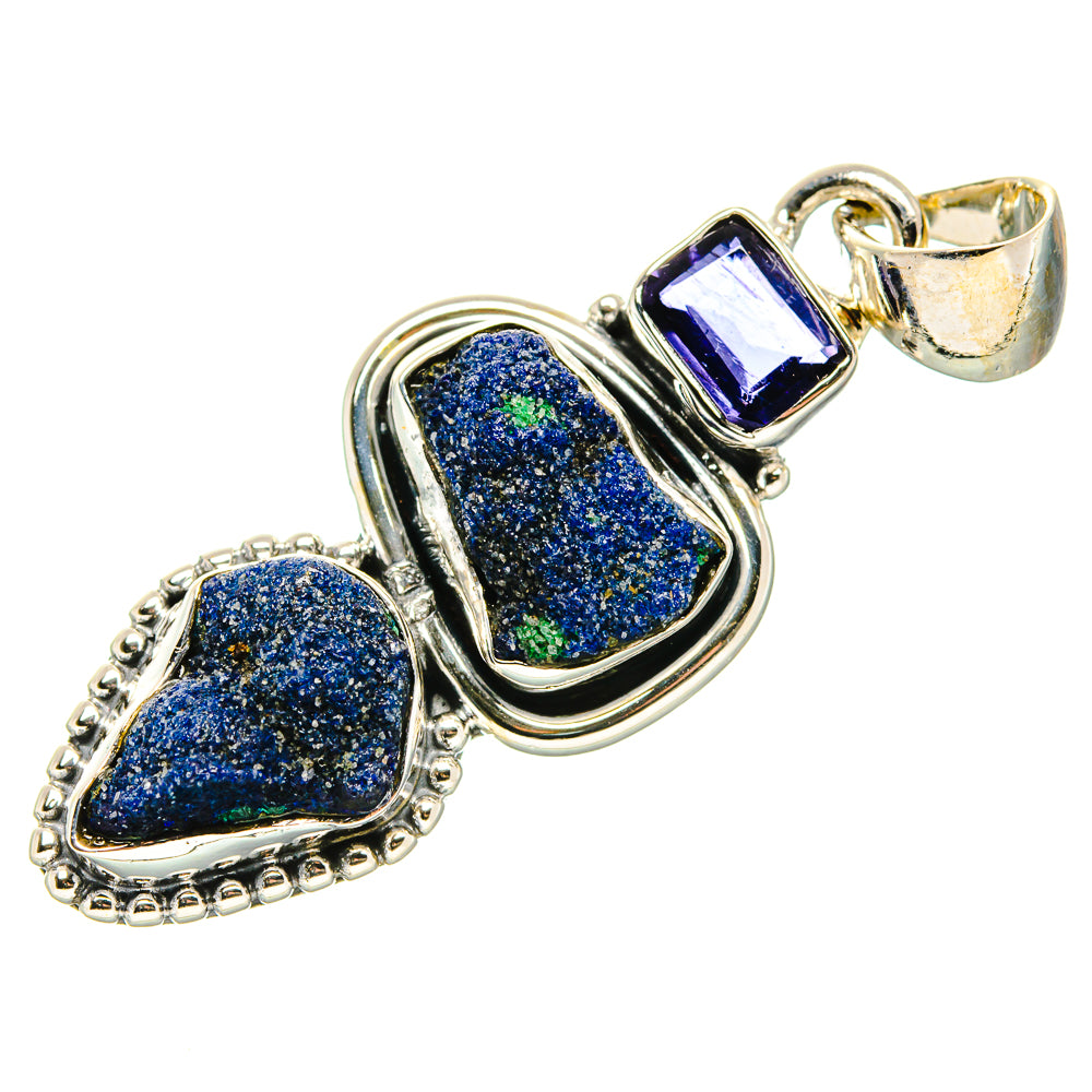 925 sterling silver pendant with rough blue druzy stones and dark purple accent bail