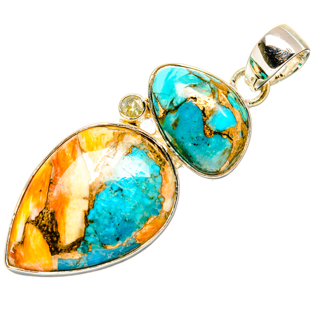 Sterling silver double-heart pendant with turquoise and white quartz stones, on bail