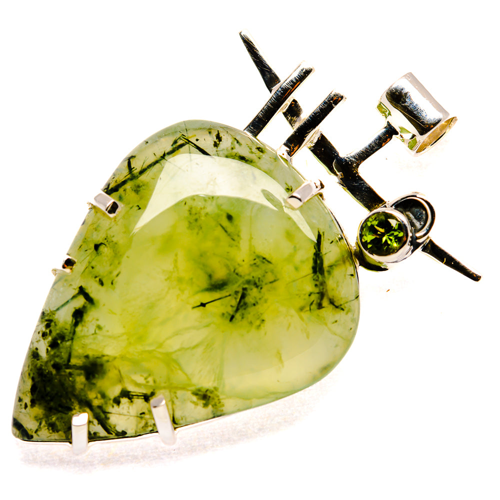 Lime green teardrop gemstone pendant with sterling silver frame and round green accent