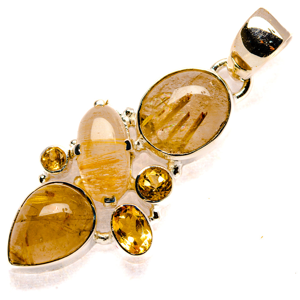 Sterling silver pendant with oval yellow rutilated quartz center and dangling citrine gems