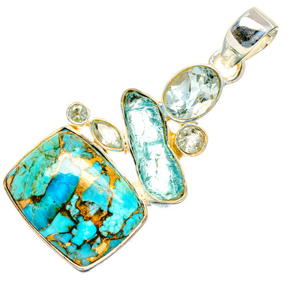 925 sterling silver pendant with turquoise square stone, blue-green centerpiece, clear round accents