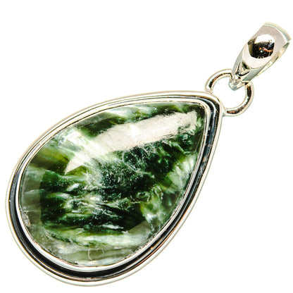 Seraphinite teardrop pendant with green-and-white stone in 925 sterling silver frame
