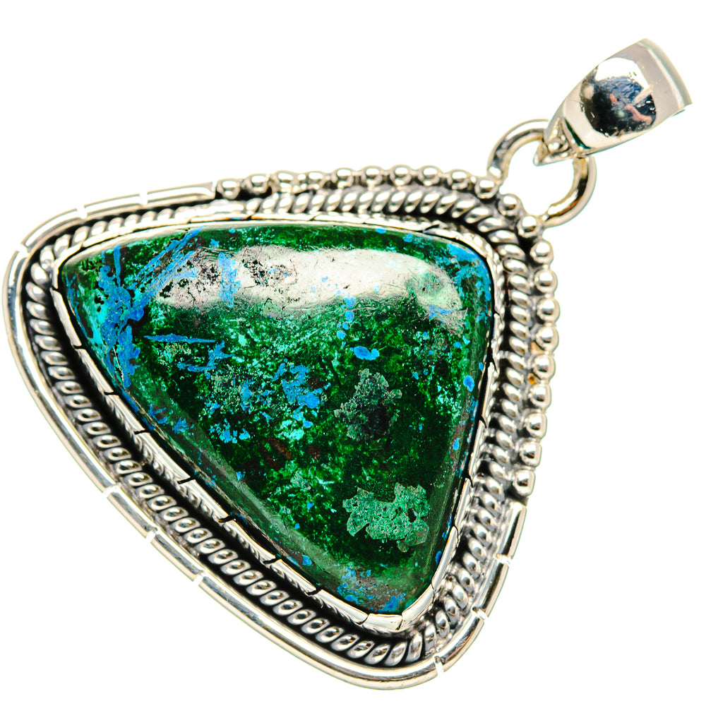 Malachite chrysocolla pendant in 925 sterling silver with triangular gemstone, rope border.