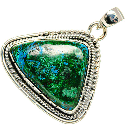 Malachite chrysocolla pendant in 925 sterling silver with triangular gemstone, rope border.