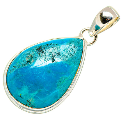 Oval chrysocolla pendant in 925 sterling silver, turquoise-blue cabochon with hanging loop