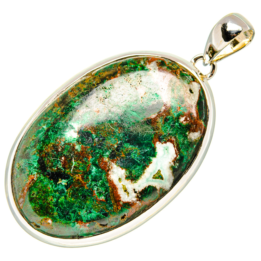 Oval malachite pendant in sterling silver with bail, green stone and white veining