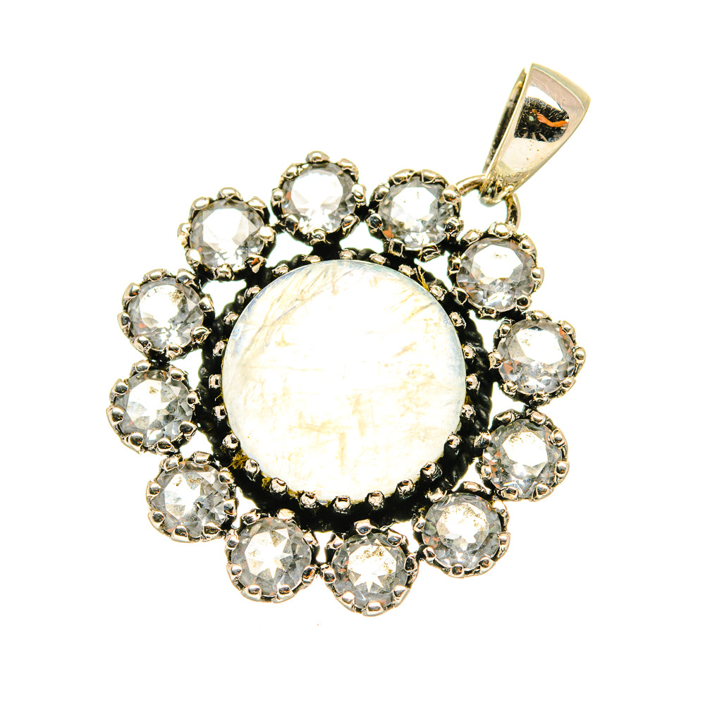 Opalescent round moonstone pendant with clear stone halo in 925 sterling silver