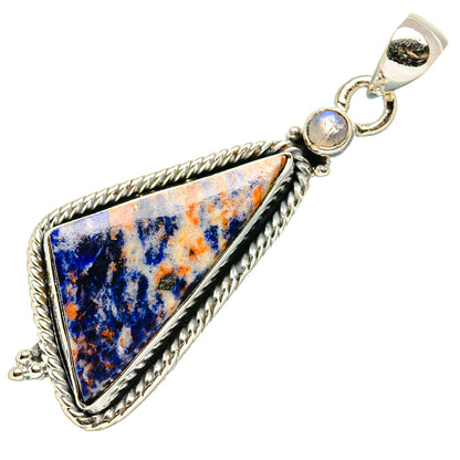 Sterling silver sodalite pendant with round moonstone bead and rope-edge bail