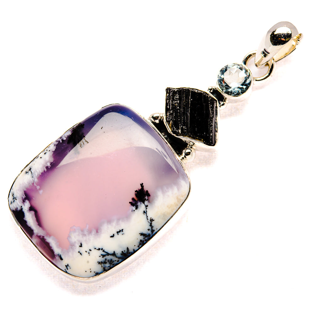 Sterling silver pendant with oval dendritic opal, black tourmaline bar, and round blue topaz