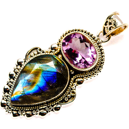 Two-stone pendant: oval amethyst and labradorite heart in ornate gold-tone setting