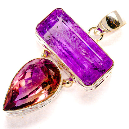 Sterling silver pendant with purple faceted rectangular amethyst and faceted marquise ametrine