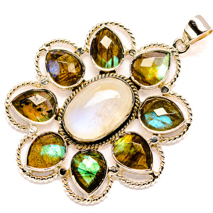 Sterling silver labradorite pendant cluster with large oval center and teardrop cabochons, bail