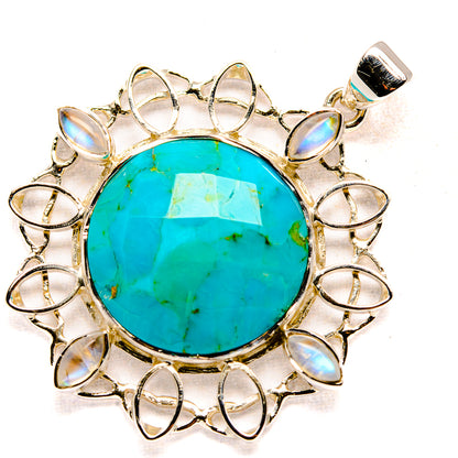 Round turquoise chrysocolla pendant with opal-like stones and silver bail, full view