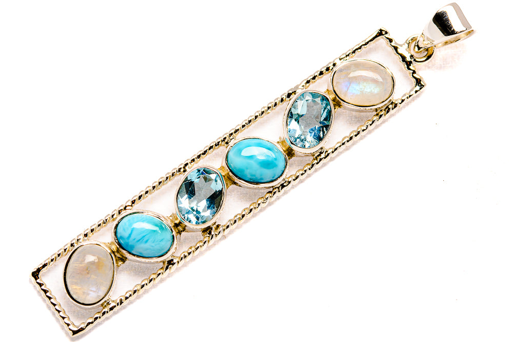 Sterling silver pendant bar with round blue topaz, larimar, and rainbow moonstone