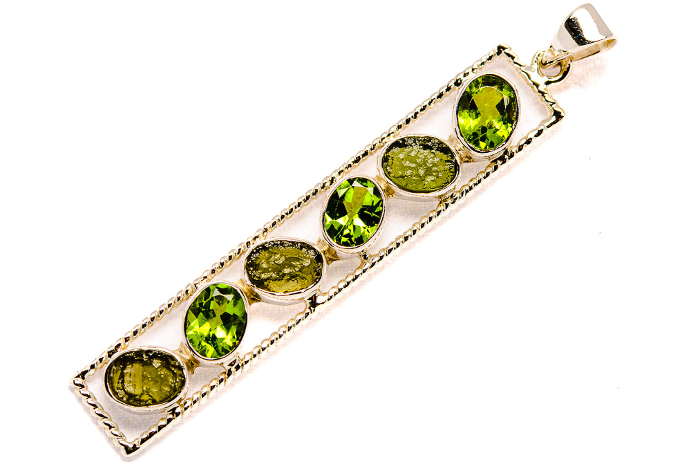 Sterling silver pendant bar with oval peridot-green gemstones and top bail