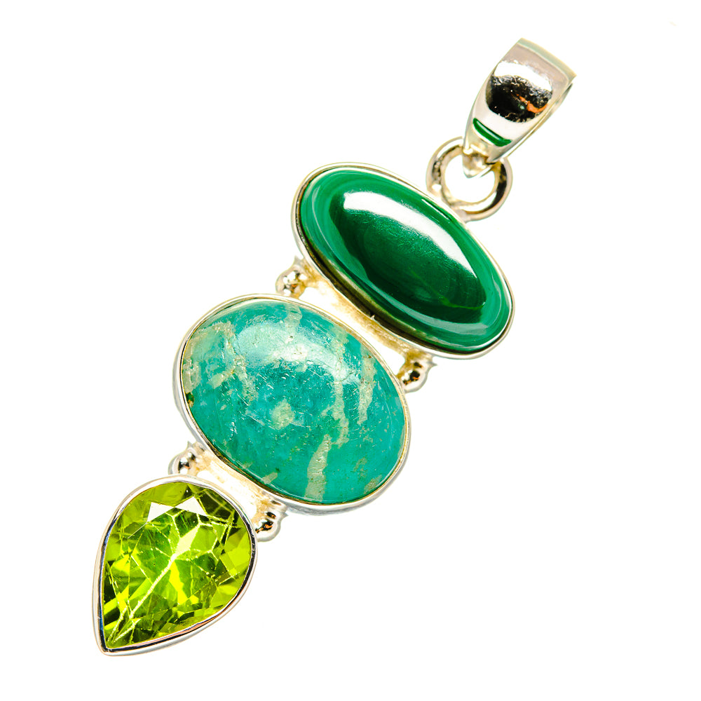 Tri-stone pendant with deep green oval, turquoise oval, and peridot pear; gold-tone 925 silver bail