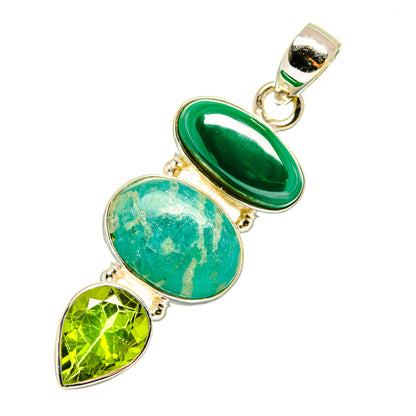 Tri-stone pendant with deep green oval, turquoise oval, and peridot pear; gold-tone 925 silver bail