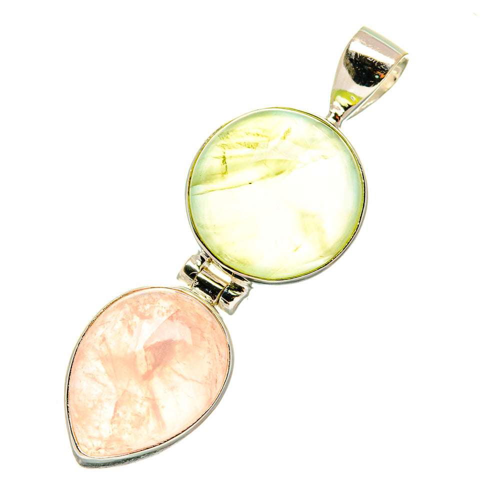 Sterling silver double-stone pendant with oval prehnite top and rose quartz bottom