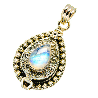 Sterling silver moonstone pendant with ornate border and iridescent blue pear cabochon