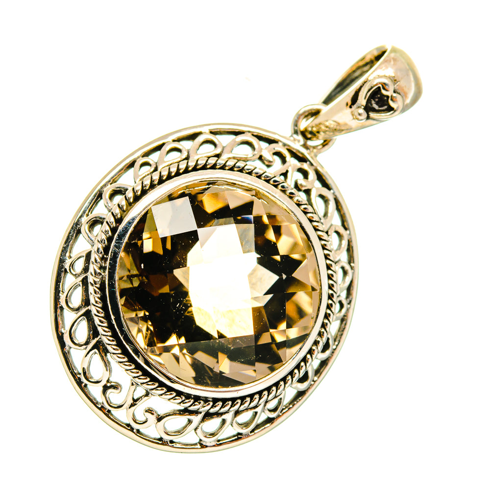 Smoky quartz pendant, 925 sterling silver with round dark golden faceted stone and filigree
