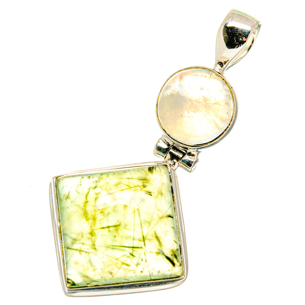 Sterling silver pendant with rectangular green prehnite and round moonstone cabochon
