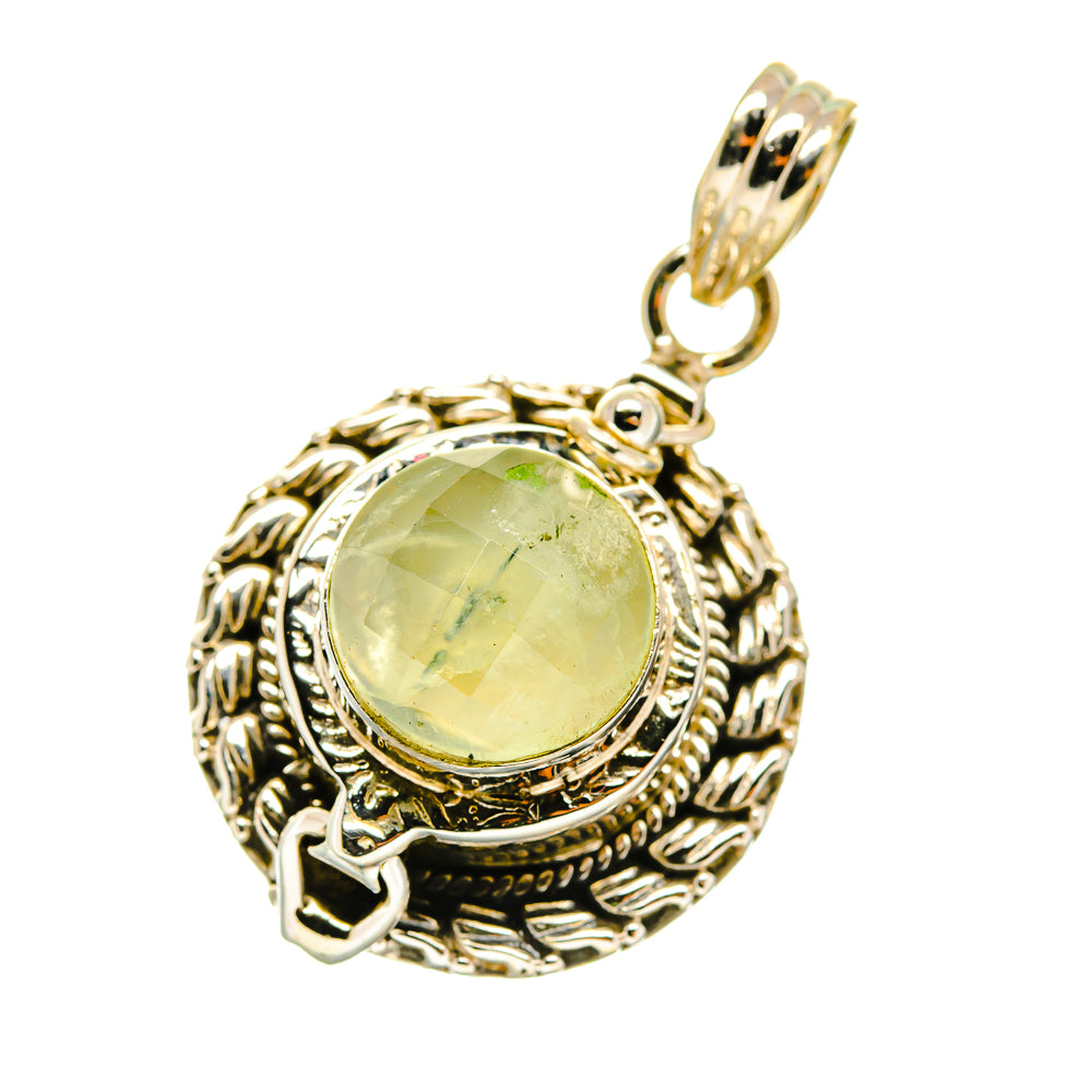 Round prehnite pendant, 925 sterling silver, green cabochon with etched metal surround