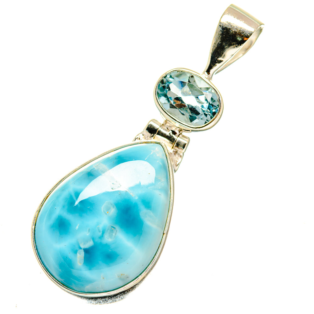 Oval sky-blue cabochon pendant with small blue gemstone in sterling silver bezel