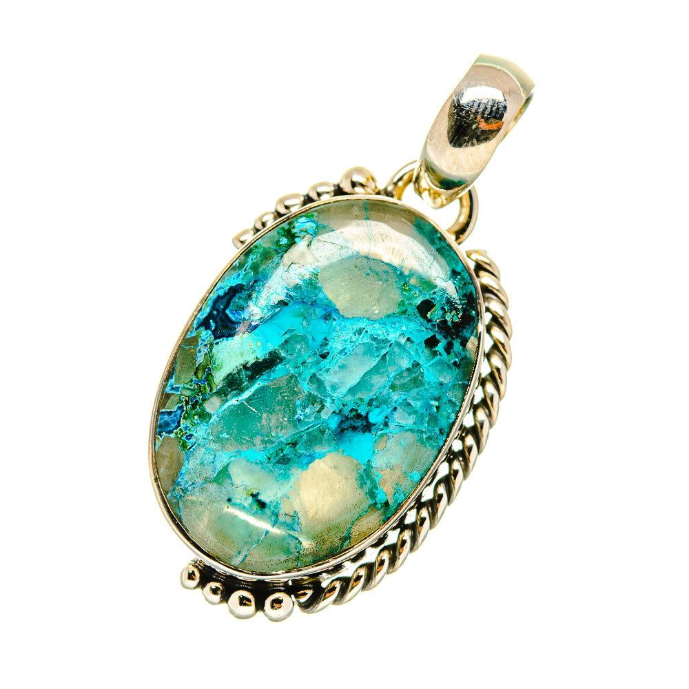 Apatite oval pendant in 925 sterling silver with teal-blue stone cabochon