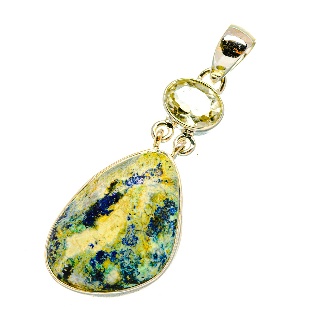 Silver gemstone pendant with blue-yellow-green teardrop stone and small round yellow stone