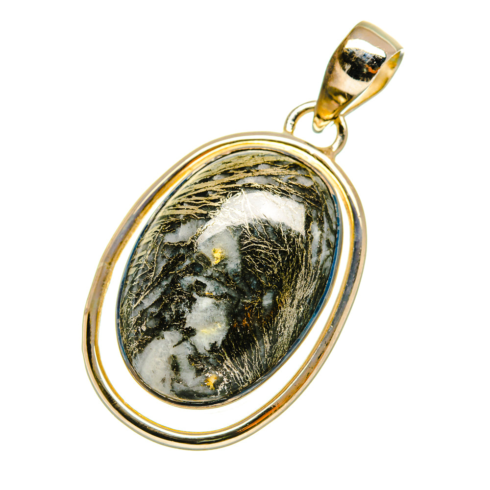 Sterling silver oval pendant with dark green and white pyrite agate cabochon.