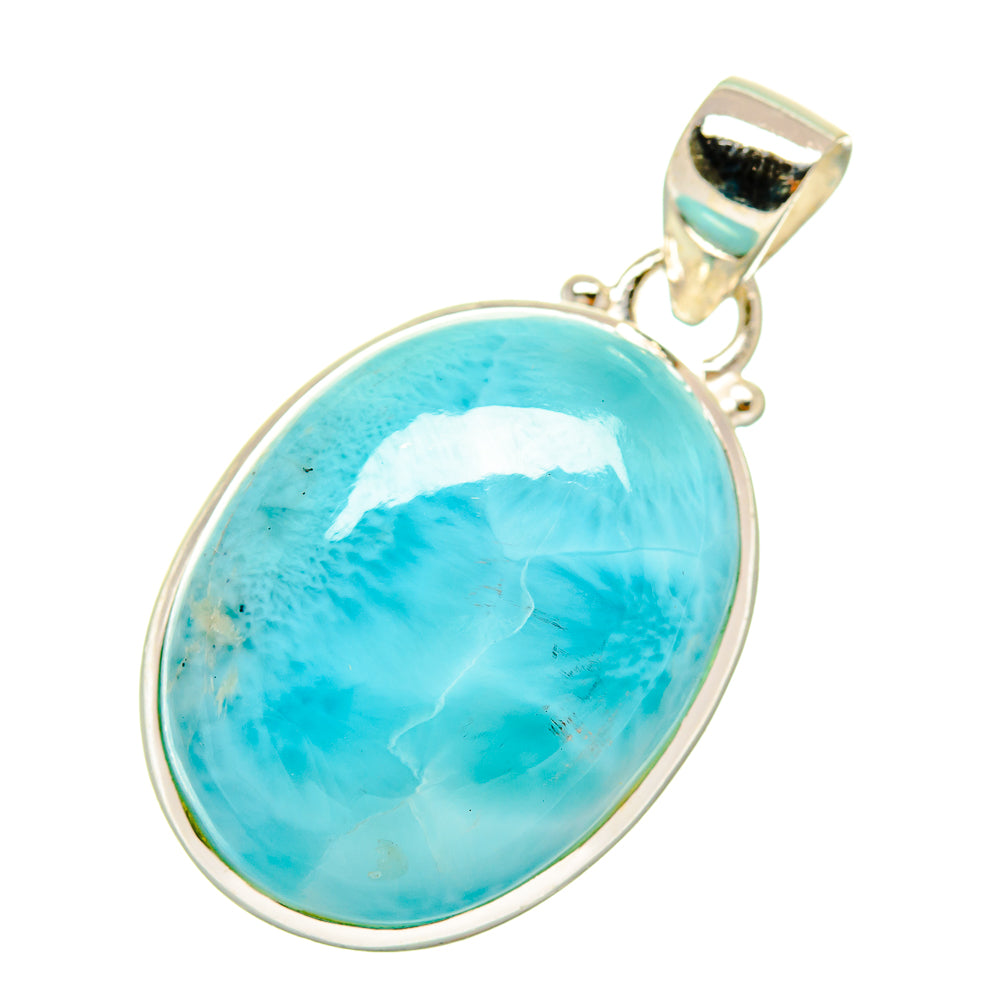 Larimar oval pendant in 925 sterling silver with round bail, turquoise-blue stone