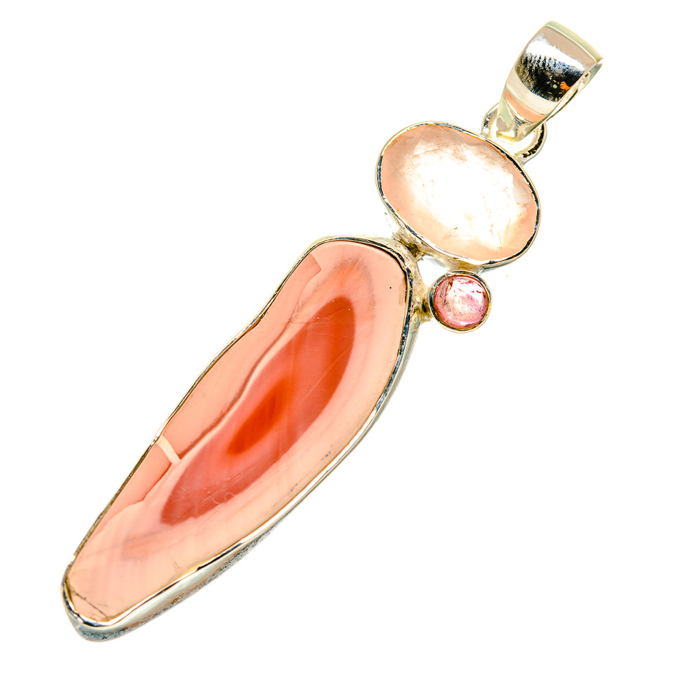 Gold-tone pendant with elongated peach-pink gemstone and small round pink accent