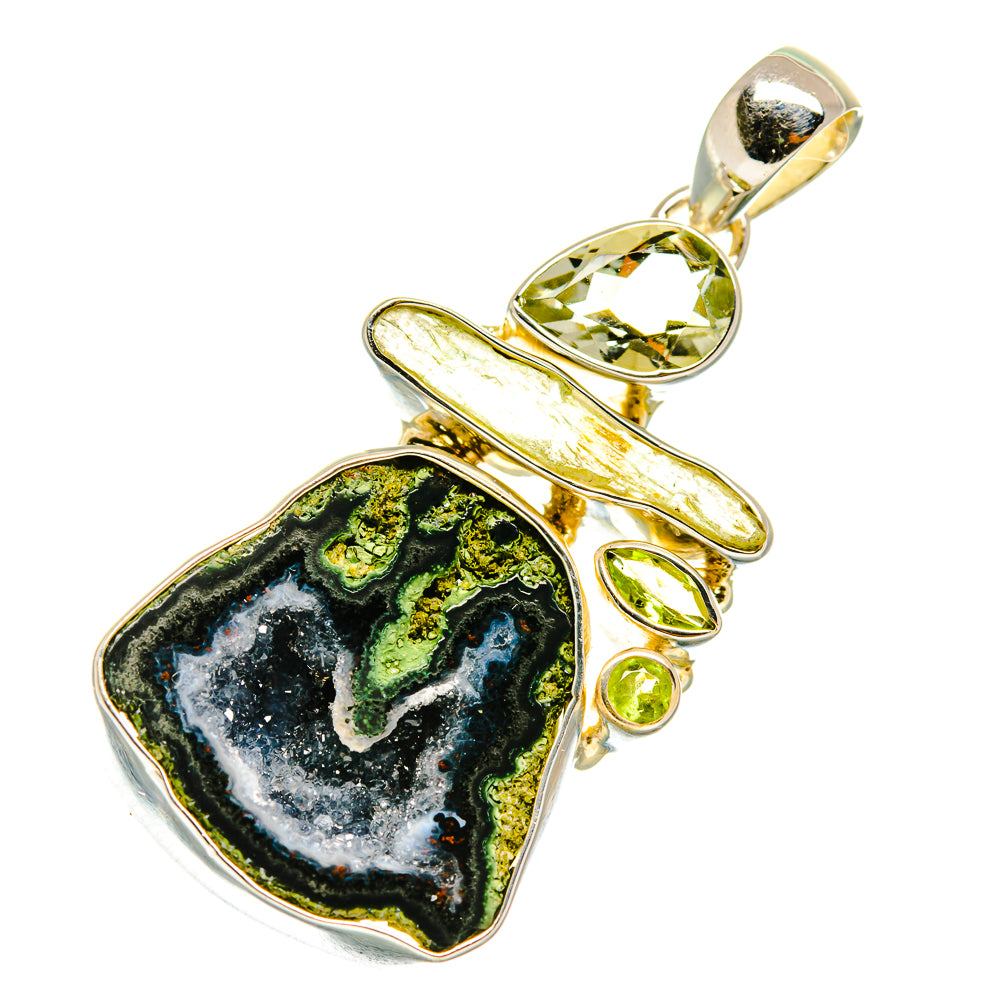 Coconut Geode Slice, Green Tourmaline, Green Amethyst, Peridot Pendants handcrafted by Ana Silver Co - PD4338
