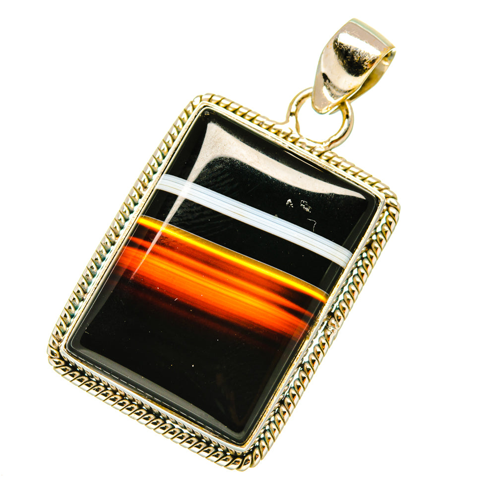 Rectangular black banded agate pendant in ornate 925 sterling silver bezel