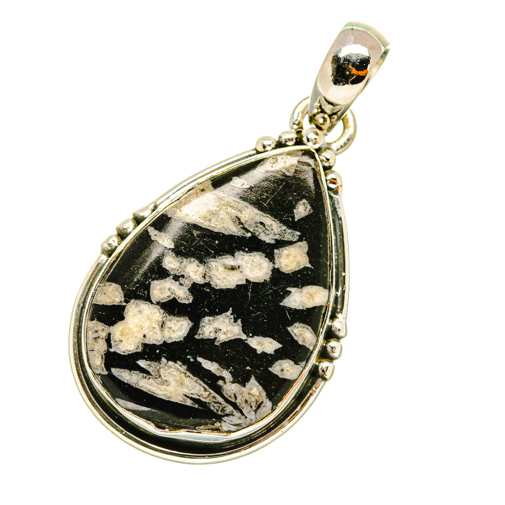 Teardrop jasper pendant with bail, 925 sterling silver scalloped frame; black with pale veins