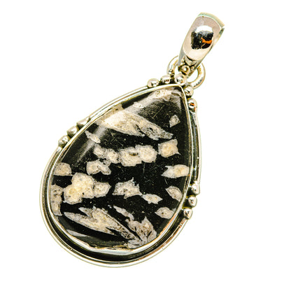 Teardrop jasper pendant with bail, 925 sterling silver scalloped frame; black with pale veins