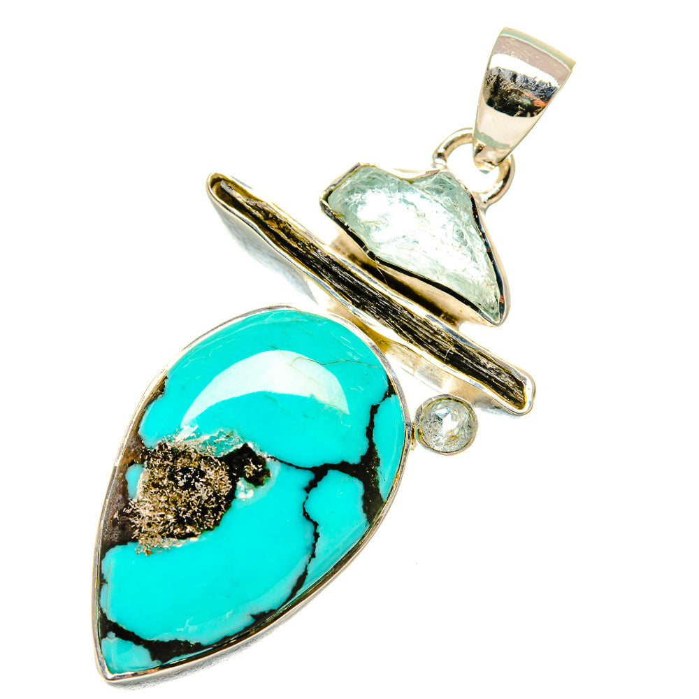 Tibetan Turquoise, Aquamarine, Green Tourmaline Pendants handcrafted by Ana Silver Co - PD4453