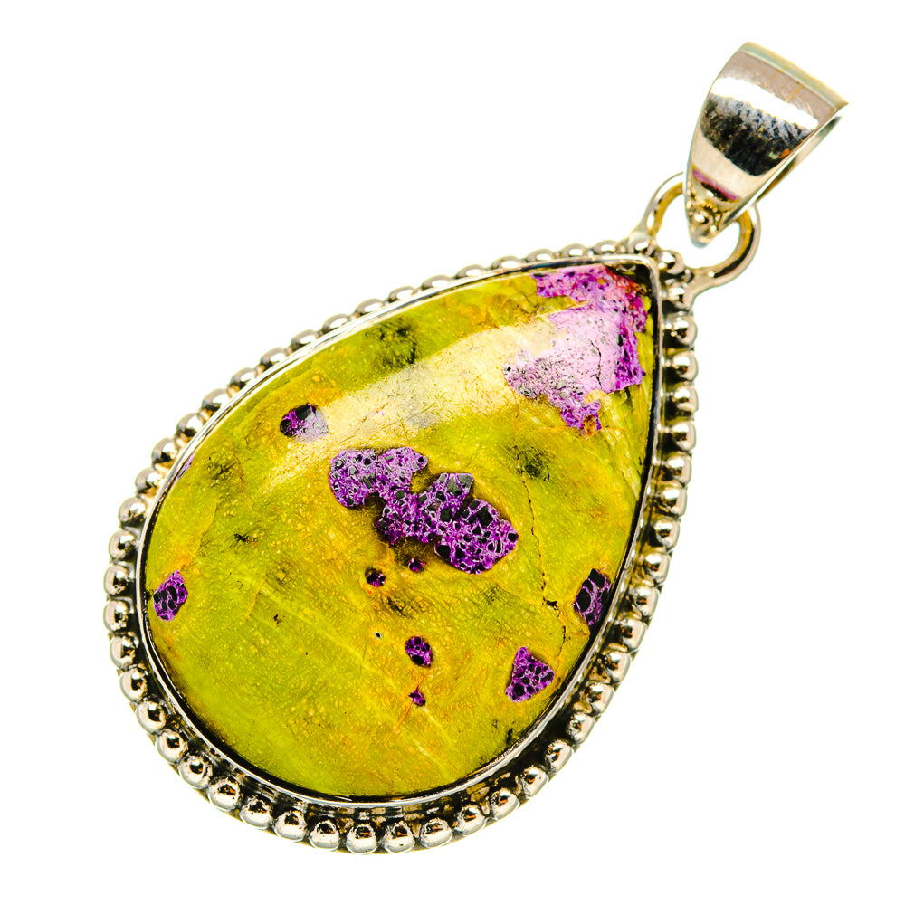 1 3/4 in sterling silver teardrop pendant with yellow stone and purple druzy accents