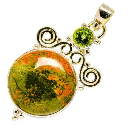Unakite cabochon pendant with green gemstone, ornate 925 silver bail