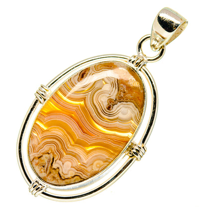 Oval lace agate pendant in 925 sterling silver with gold-toned banded stone and bail