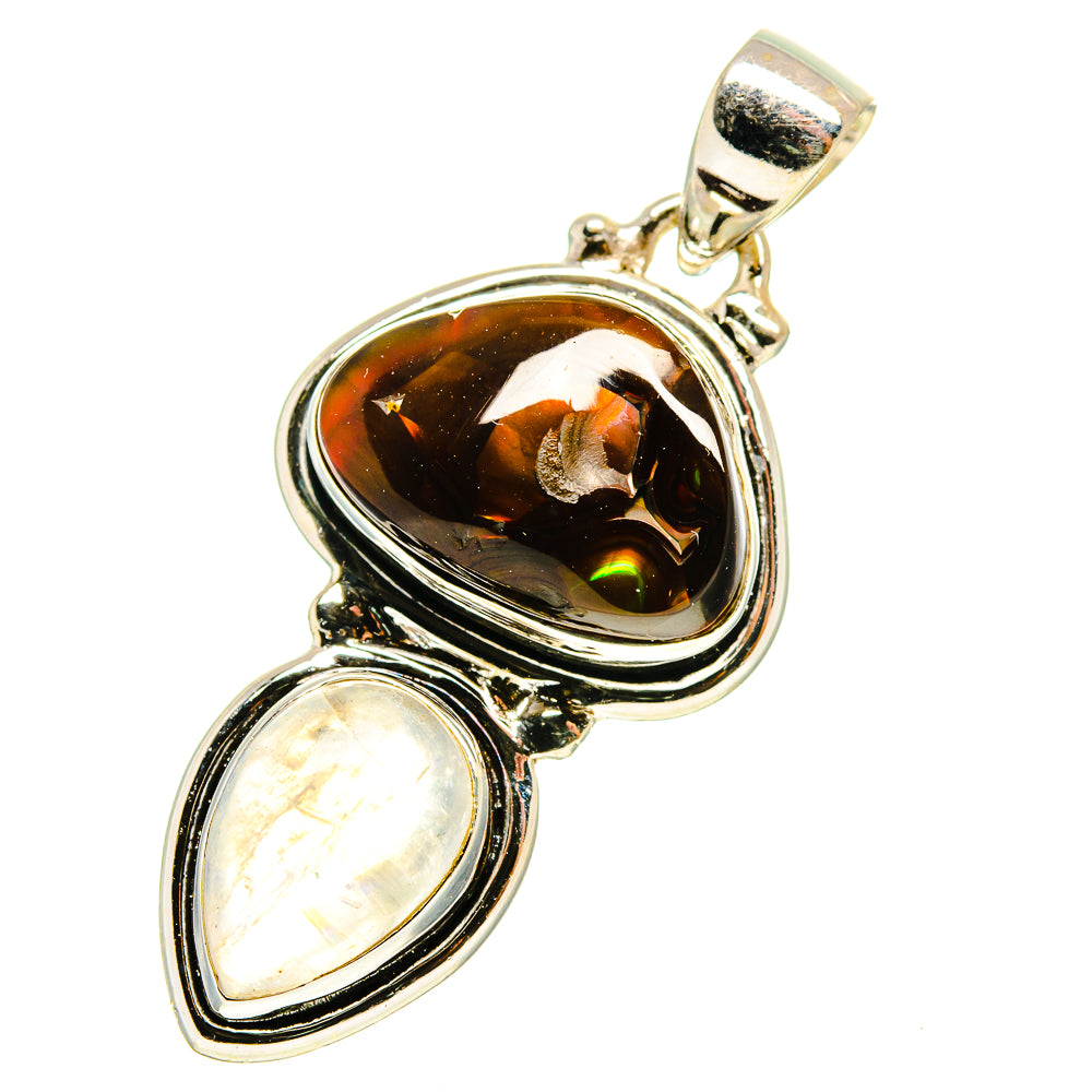 925 sterling silver pendant, dark amber oval stone with iridescent rainbow moonstone