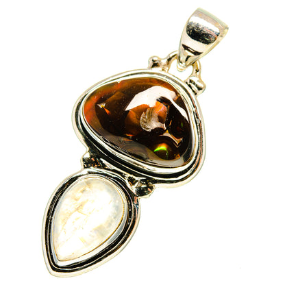 925 sterling silver pendant, dark amber oval stone with iridescent rainbow moonstone