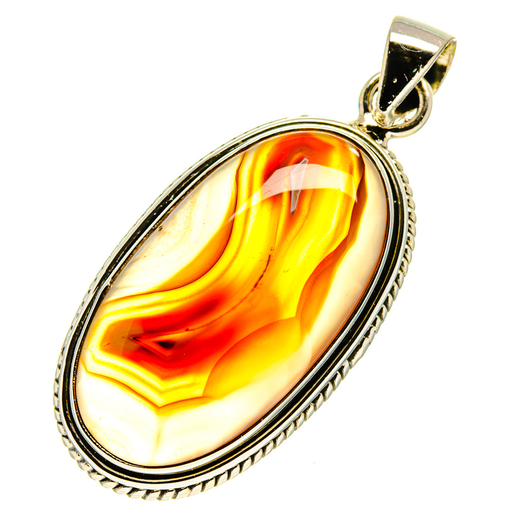 Orange yellow oval agate pendant in 925 sterling silver bezel, open loop bail