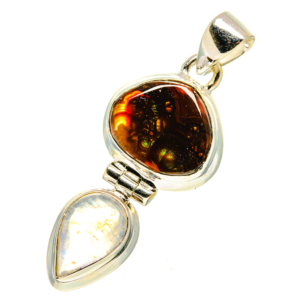Sterling silver pendant with round amber fire agate top and iridescent teardrop moonstone