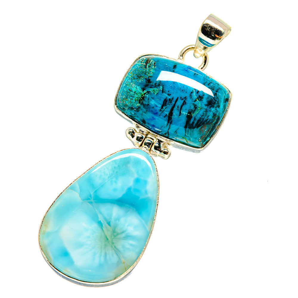 Sterling silver pendant with teal chrysocolla rectangle and light-blue larimar teardrop