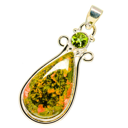 Sterling silver teardrop pendant with mottled unakite and round green center stone