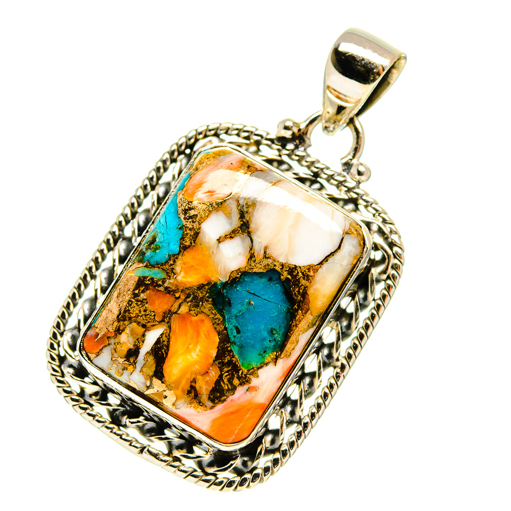 Square turquoise-copper composite pendant with braided sterling silver frame and top bail.