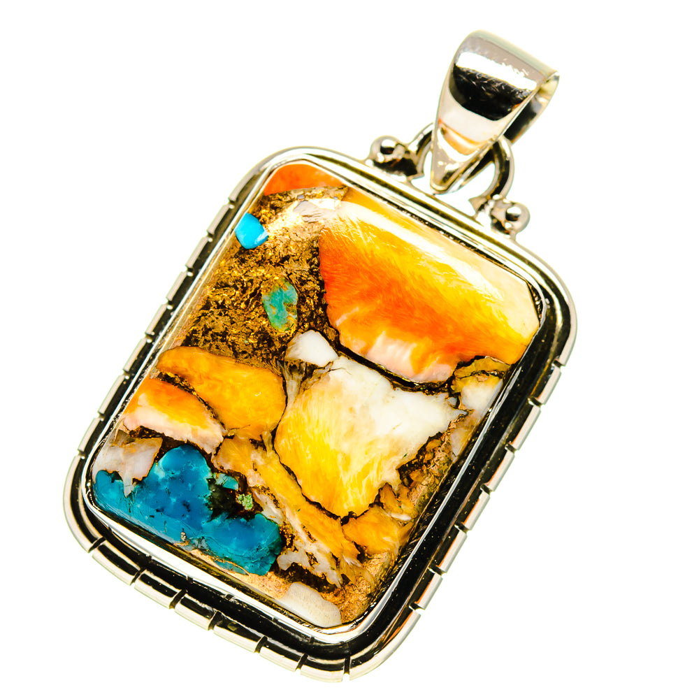 Sterling silver framed turquoise pendant, rectangular mosaic in orange, white, and blue, bail.