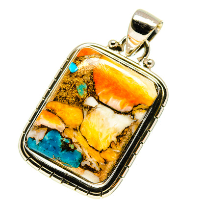 Sterling silver framed turquoise pendant, rectangular mosaic in orange, white, and blue, bail.